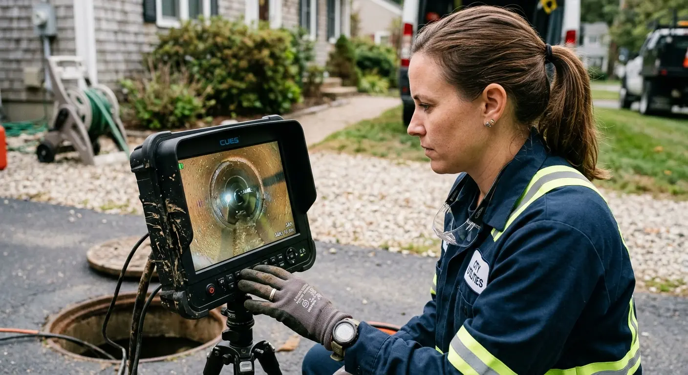 Technician reviewing sewer camera inspection footage in West Jefferson