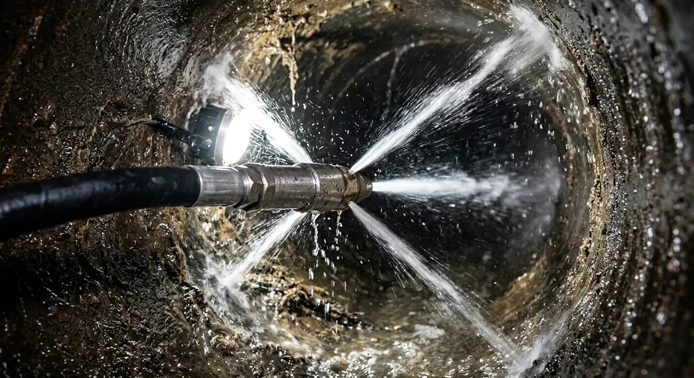 High-pressure hydro jetting nozzle cleaning sewer pipe for Trenchless Sewer Repair in West Jefferson