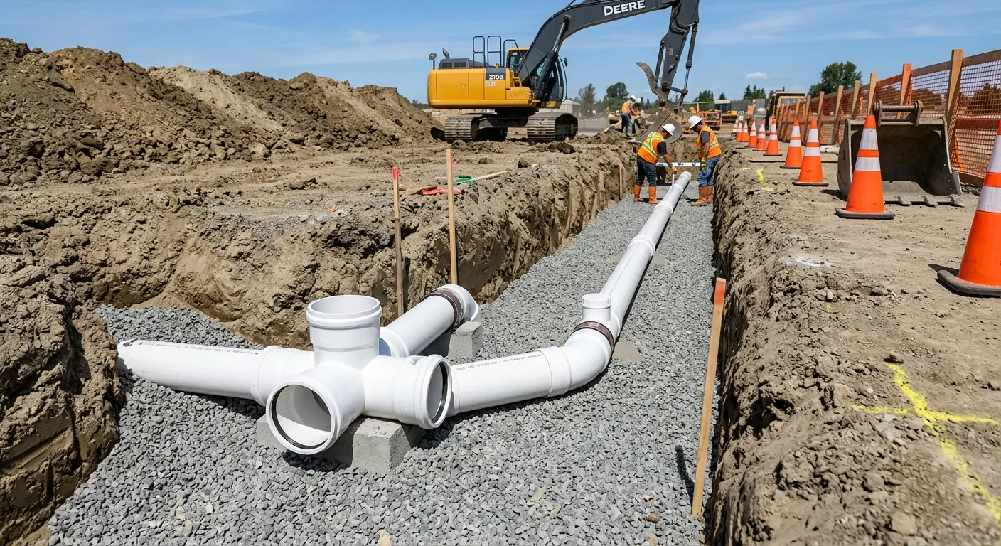 New PVC sewer pipe installation in open trench for Commercial Drain Cleaning in West Jefferson