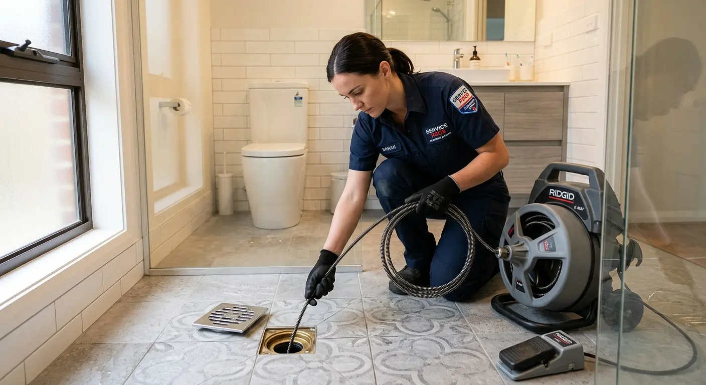 Technician clearing a bathroom floor drain for Hydro Jetting in West Jefferson